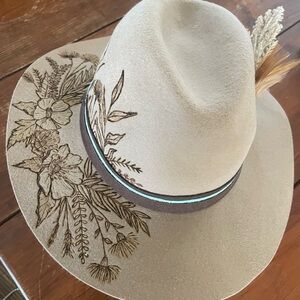 Wildflower hand burned Tan Hat